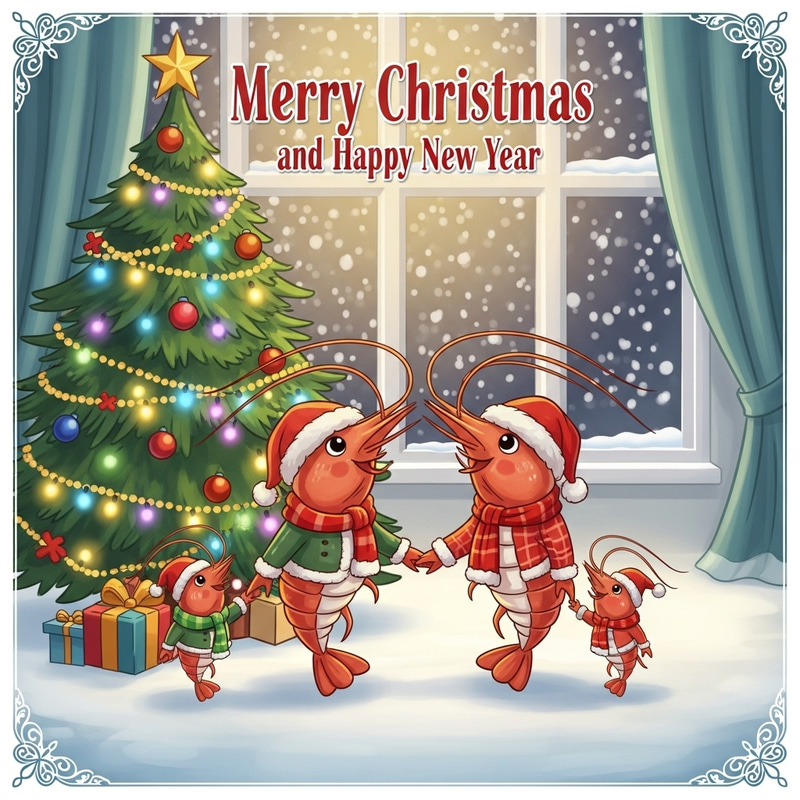 Festive 'Merry Christmas & Happy New Year' Shrimp Family Card Festive 'Merry Christmas & Happy New Year' Shrimp Family Card