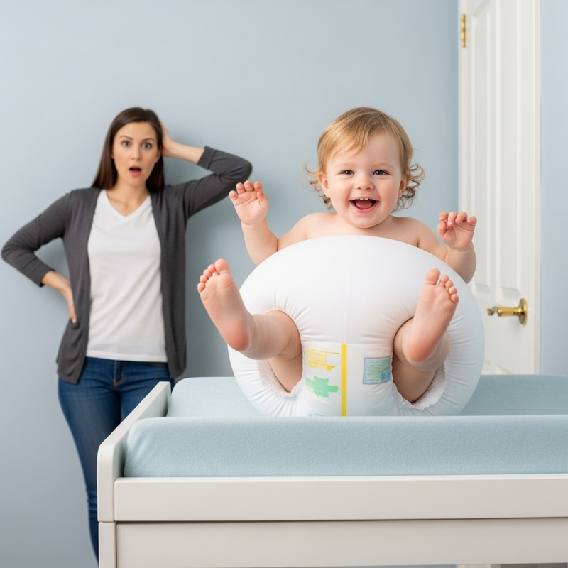 Hilarious Toddler with Giant Beach Ball Diaper on Changing Table Hilarious Toddler with Giant Beach Ball Diaper on Changing Table