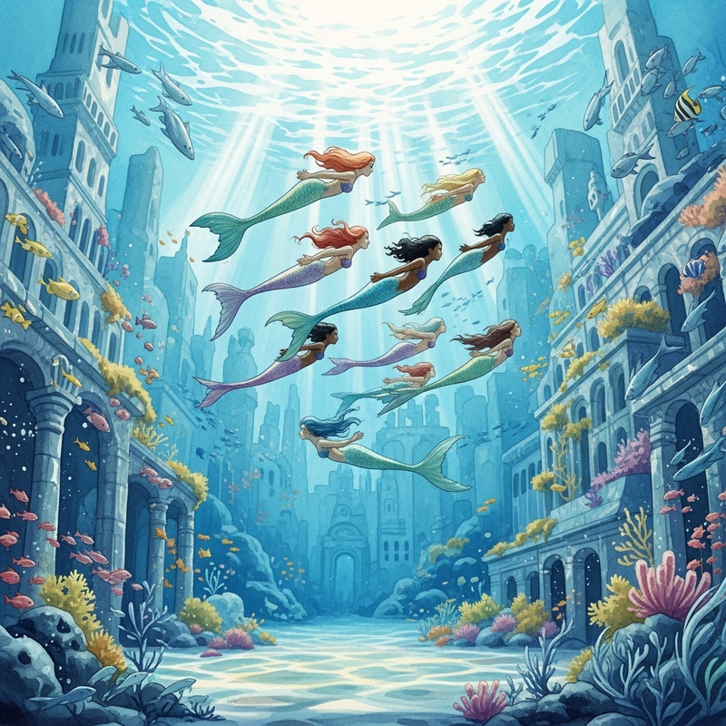 Colorful Underwater Cityscape with Whimsical Mermaids and Marine Life