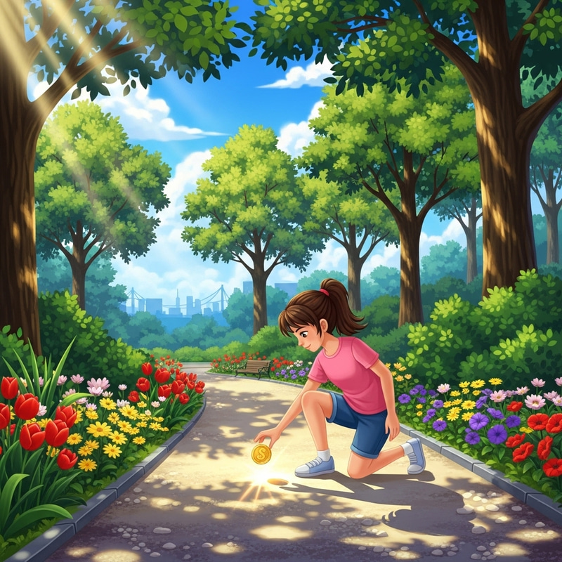 Girl Finds Golden Coin in Vibrant City Park Girl Finds Golden Coin in Vibrant City Park