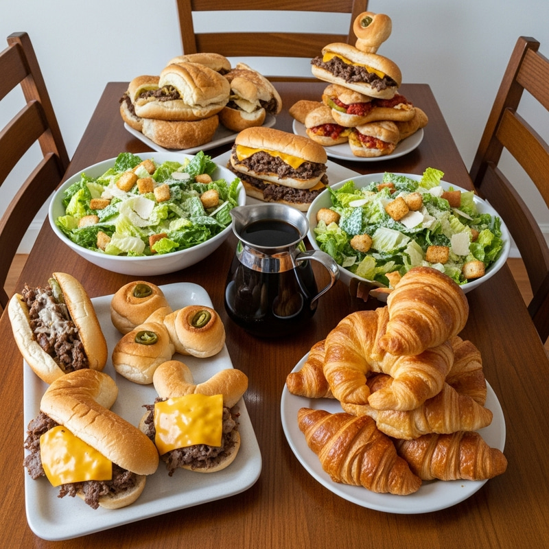 Mouth-Watering Food Art: Cheesesteak, Salad, Croissants & Coffee Mouth-Watering Food Art: Cheesesteak, Salad, Croissants & Coffee
