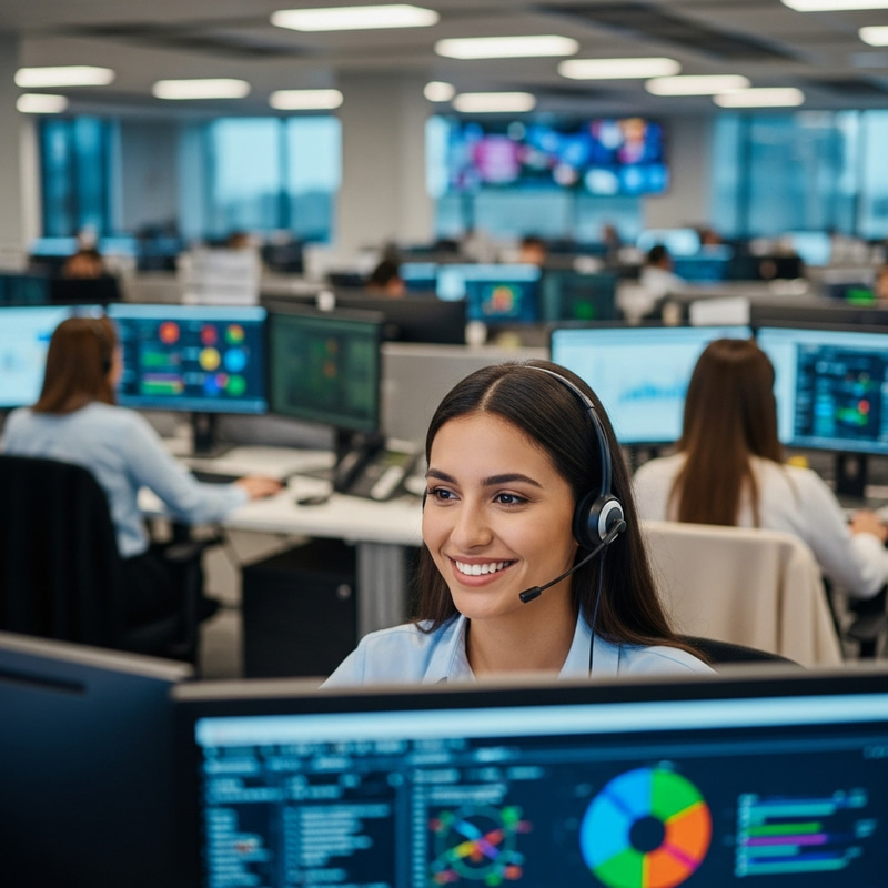 Hyper-Realistic UHD Image of Smiling Latina Woman at Call Center Surrounded by Monitors Hyper-Realistic UHD Image of Smiling Latina Woman at Call Center Surrounded by Monitors