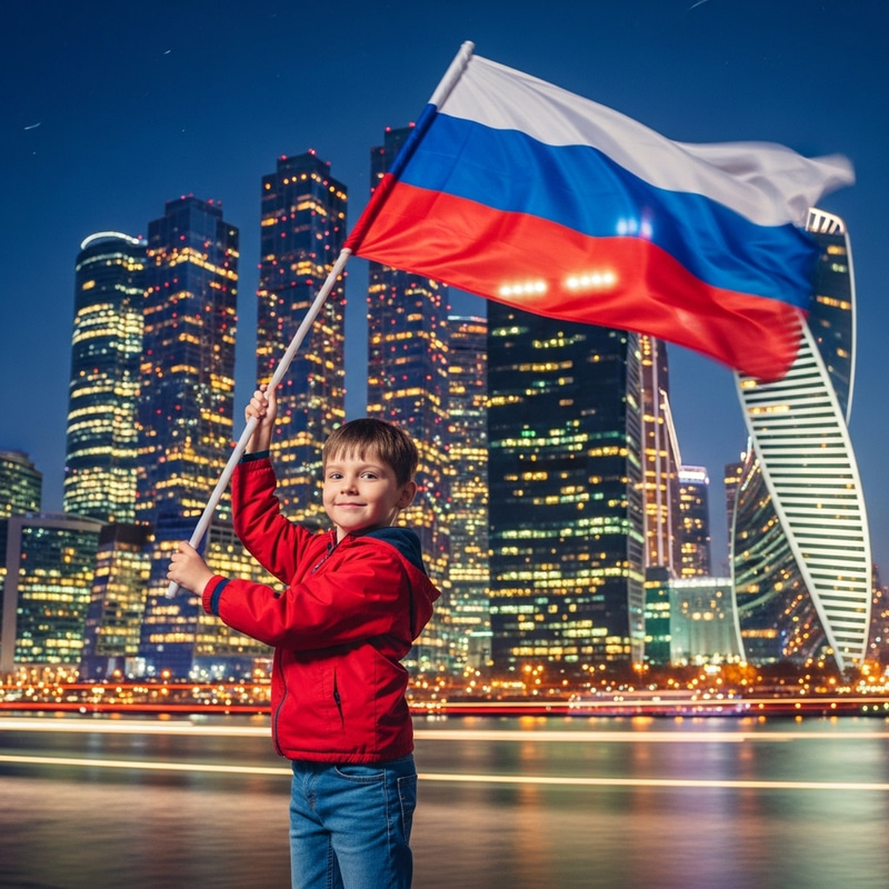 Boy with Russian Flag in Front of Burning Kiev Skyline