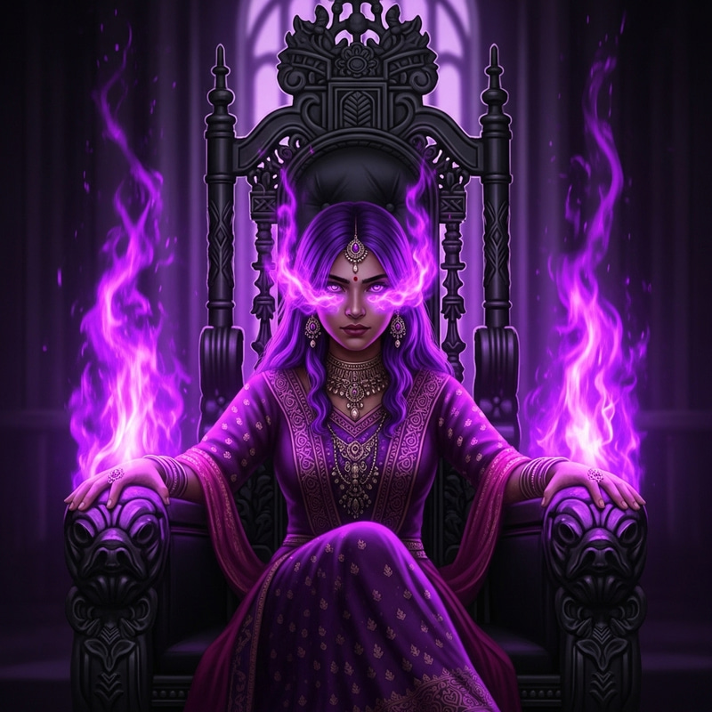 Majestic Purple-Haired Girl | Throne in Flames