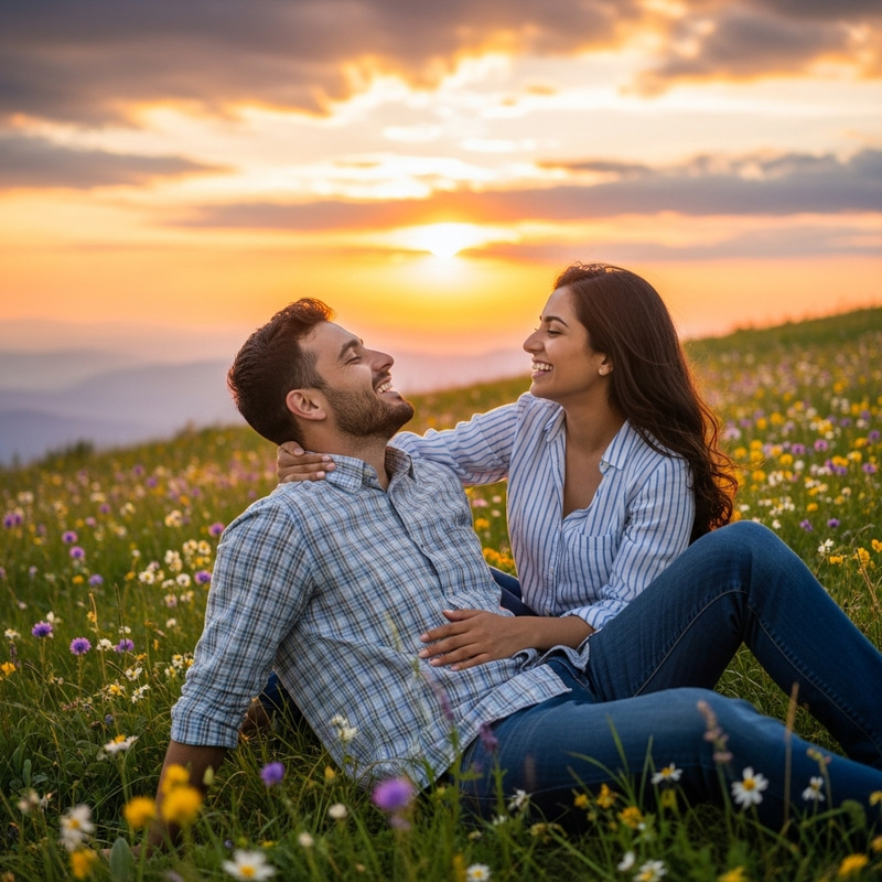 Spring Love: Couple Embracing on Mountain in Sunset Floral Field