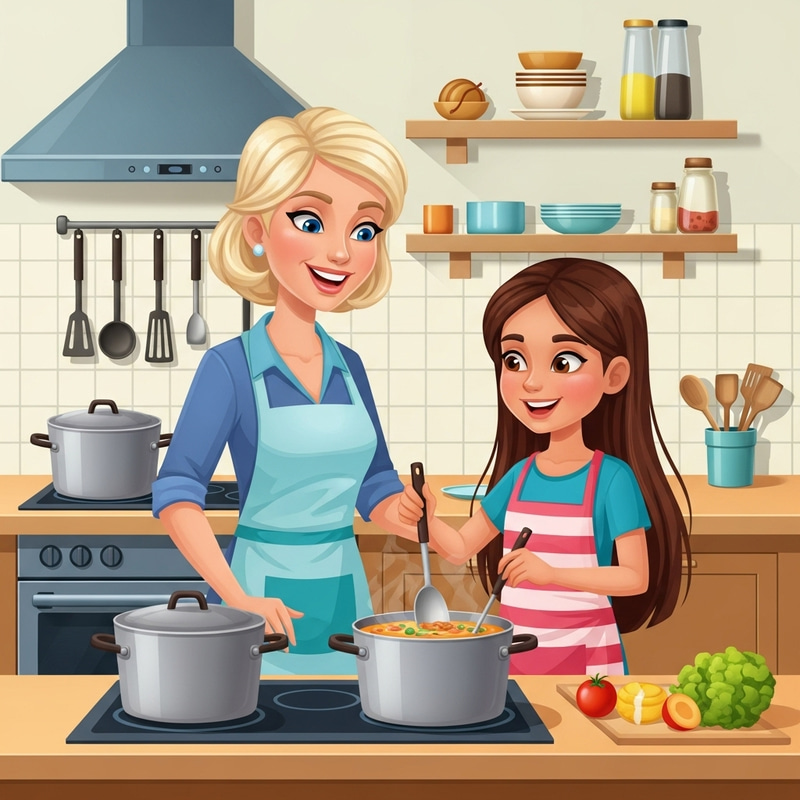 Cartoon Style Drawing of Blonde Mother and Brunette Daughter Cooking Together Cartoon Style Drawing of Blonde Mother and Brunette Daughter Cooking Together