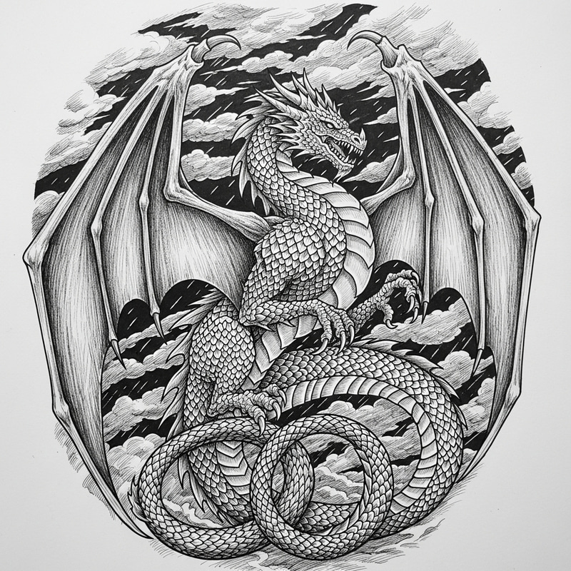 Detailed Ink Drawing of a Dragon with Majestic Wings