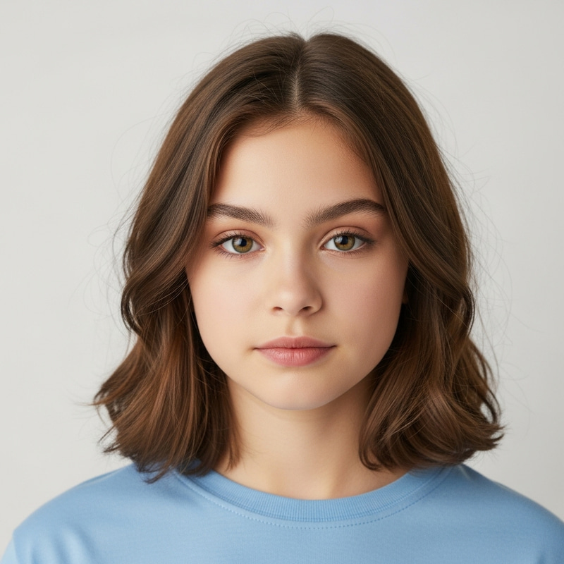 14-Year-Old Girl with Medium-Length Hair and Large Eyes
