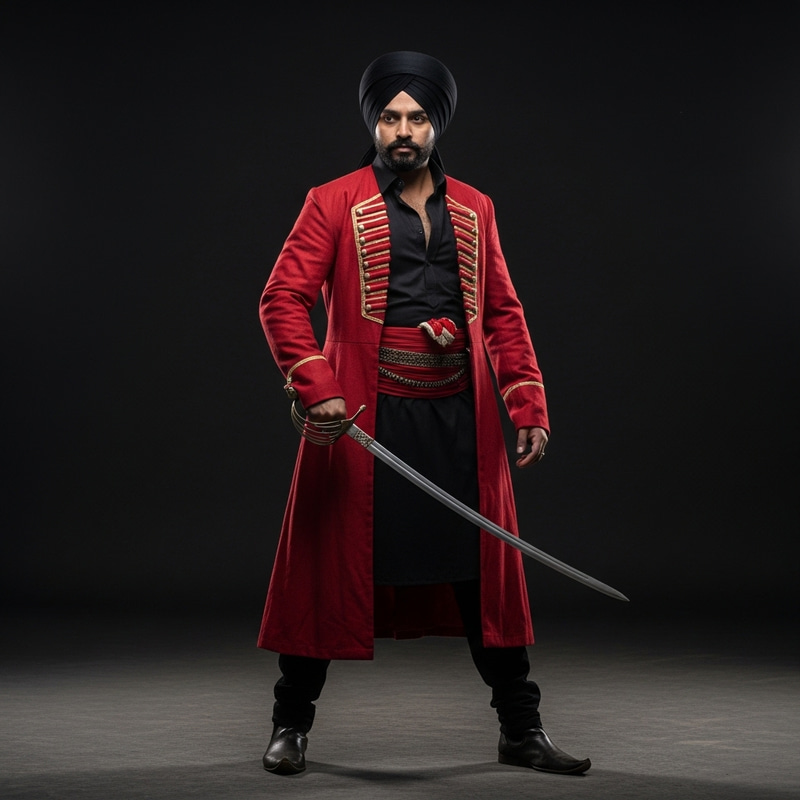 Tall Man in Black Outfit with Red Coat & Sword