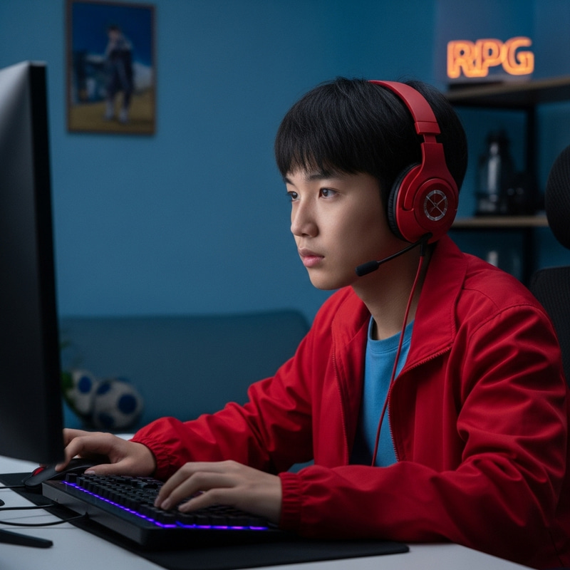 Asian Boy Playing Free Fire with Red Headphone in Red Jacket Asian Boy Playing Free Fire with Red Headphone in Red Jacket