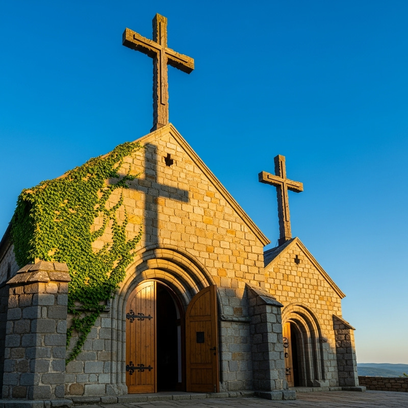 Tranquil Stone Church with Wooden Crosses | Spiritual Serenity Tranquil Stone Church with Wooden Crosses | Spiritual Serenity