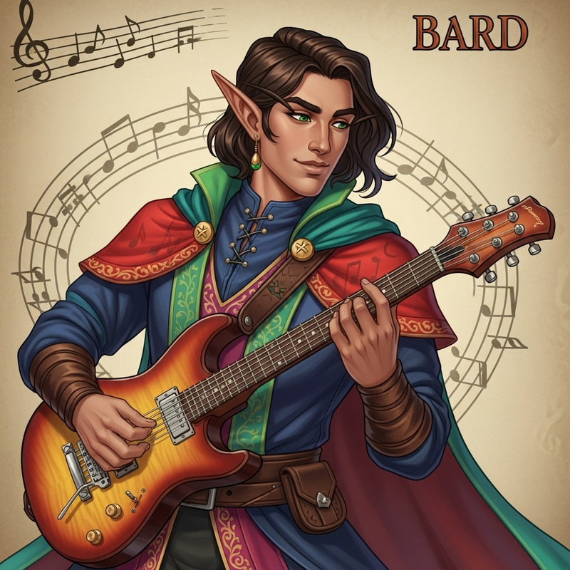 Hispanic Half-Elf Bard Playing Rosewood Fender Guitar | D&D Illustration