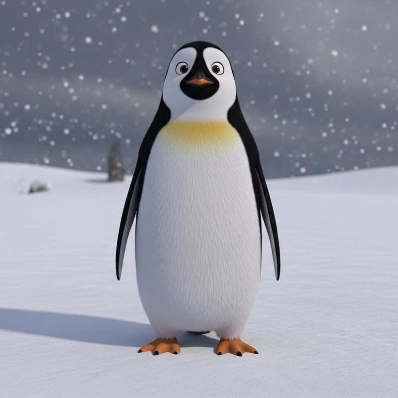 Proud Penguin in Enchanting Snowscape | Animated Film Style Proud Penguin in Enchanting Snowscape | Animated Film Style