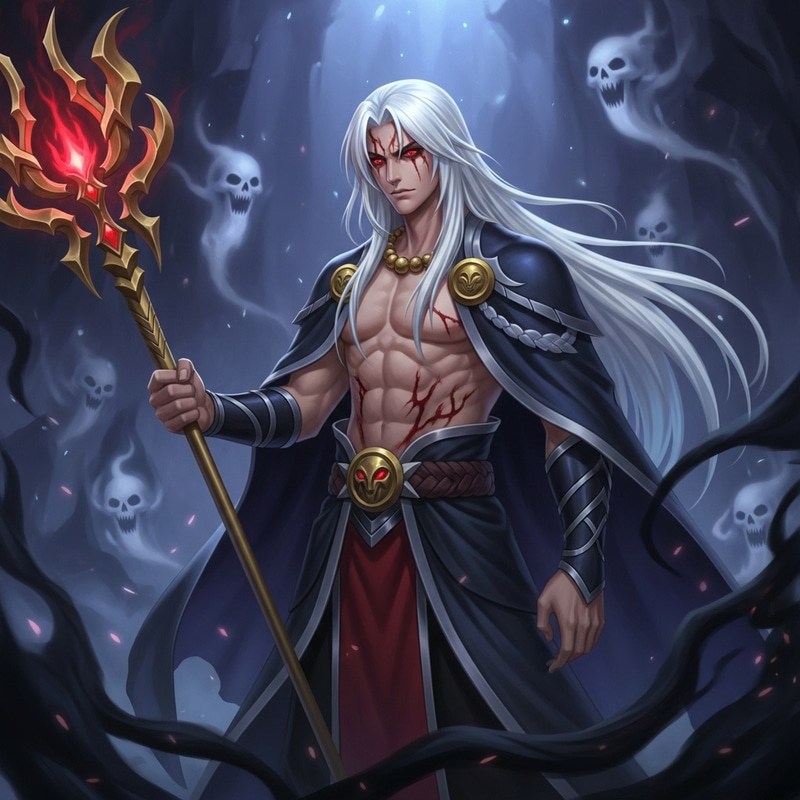 Powerful Anime Illustration of a Dark Male Character with Piercing Red Eyes