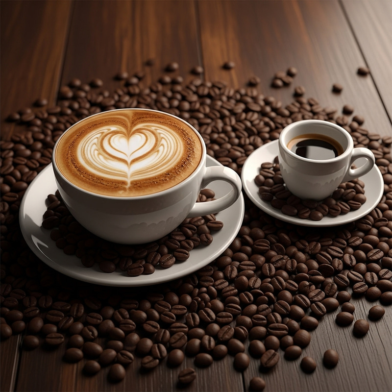 Artistic Cappuccino & Espresso Cups on Wooden Table with Coffee Beans Artistic Cappuccino & Espresso Cups on Wooden Table with Coffee Beans