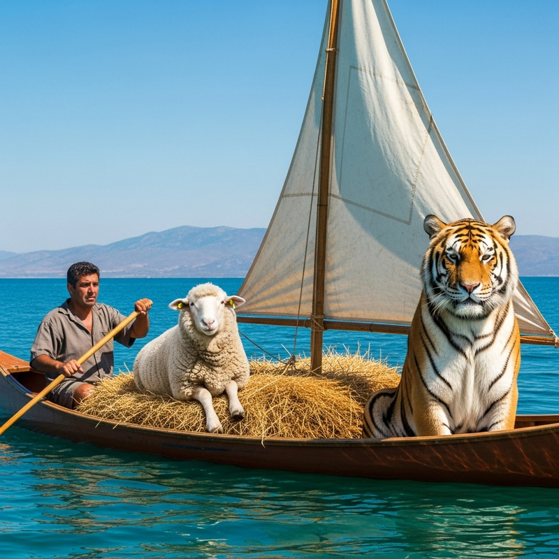 Man in Canoe with Sheep and Tiger: A Unique Scene Man in Canoe with Sheep and Tiger: A Unique Scene