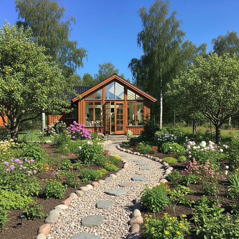 Scandinavian West Coast Garden with Glass House & Nature Beauty
