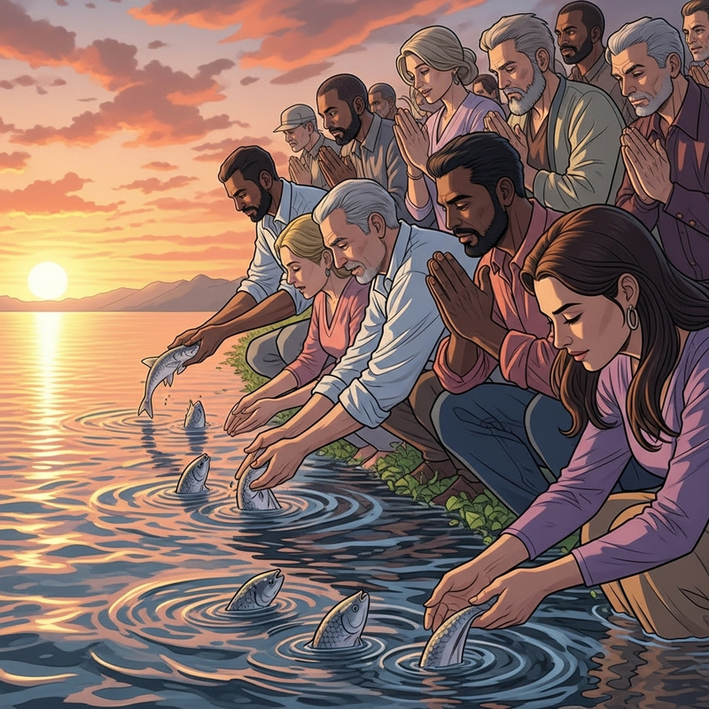 Prayer and Serenity: Releasing Fish in Tranquil Waters