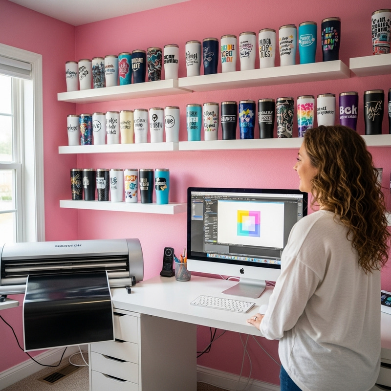 Medium Size White Lady in Pink Office with Computer, Vinyl Plotting Machine & Sublimated Tumblers