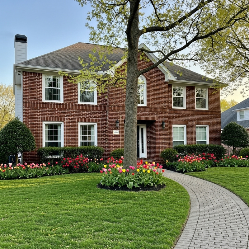 Red Brick Two-Story House Design with Elegant Landscape Red Brick Two-Story House Design with Elegant Landscape
