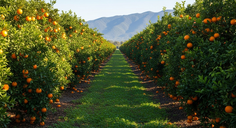 Vibrant Orange Trees: Orchard in Morning Sunlight