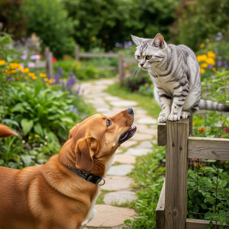 Dog and Cat: Playful Interaction in Garden Scene Dog and Cat: Playful Interaction in Garden Scene