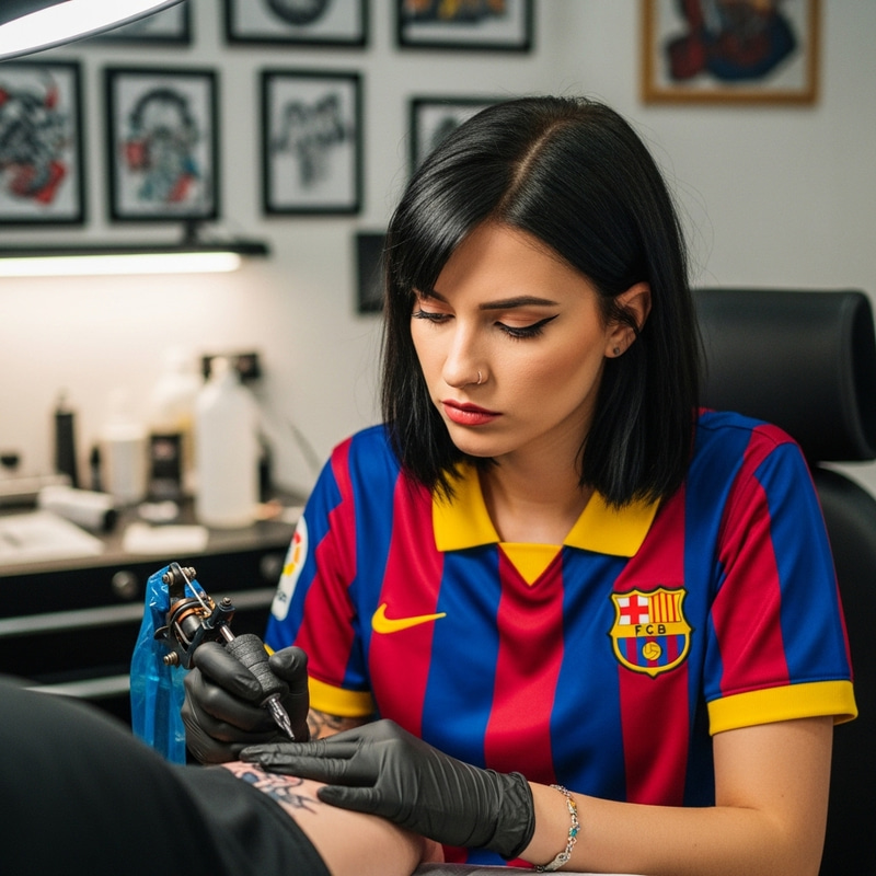 Young Woman with Medium Black Hair and Eyeliner Tattooing in Barcelona FC Shirt Young Woman with Medium Black Hair and Eyeliner Tattooing in Barcelona FC Shirt
