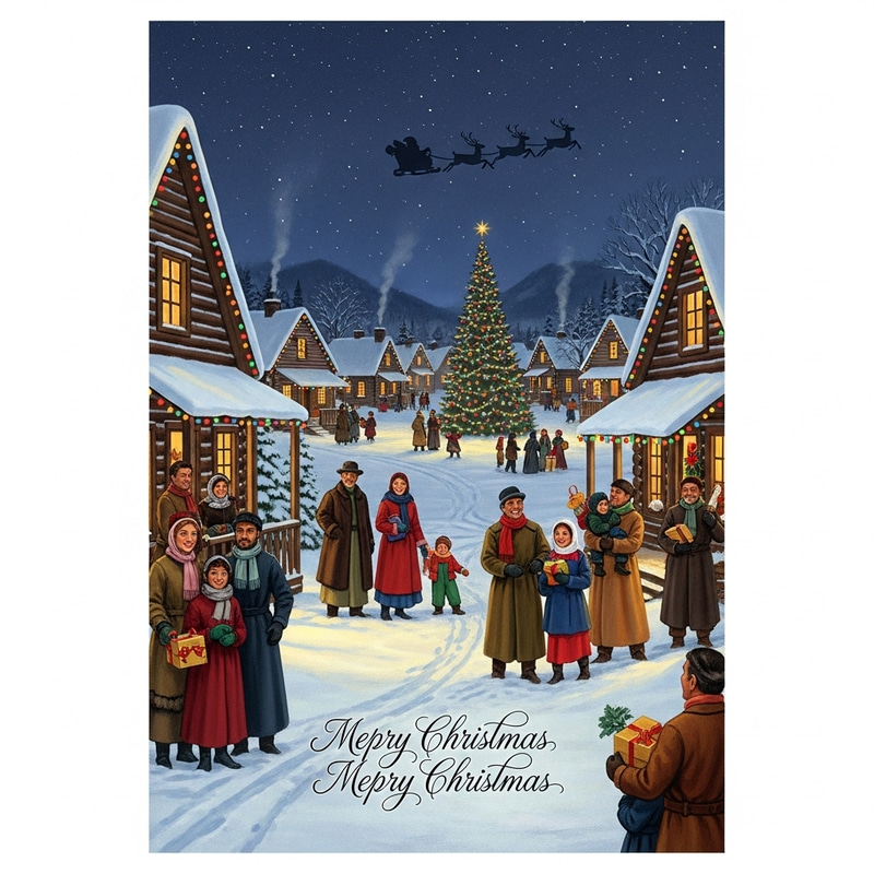 Nostalgic Christmas Card with Snow-Covered Village Scene Nostalgic Christmas Card with Snow-Covered Village Scene