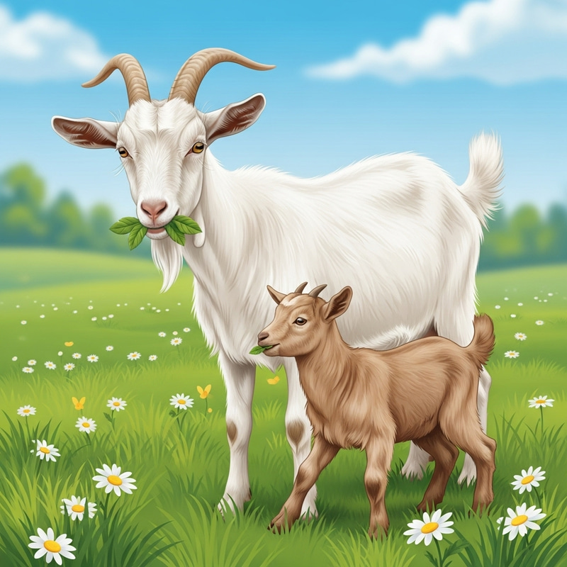 Mother and Baby Goat | Pastoral Beauty in Green Meadow Mother and Baby Goat | Pastoral Beauty in Green Meadow