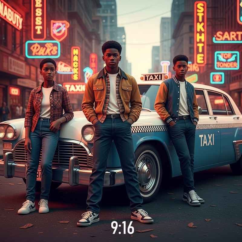 Nostalgic Niche Art: Teenagers by Classic Taxi in Retro Street Nostalgic Niche Art: Teenagers by Classic Taxi in Retro Street