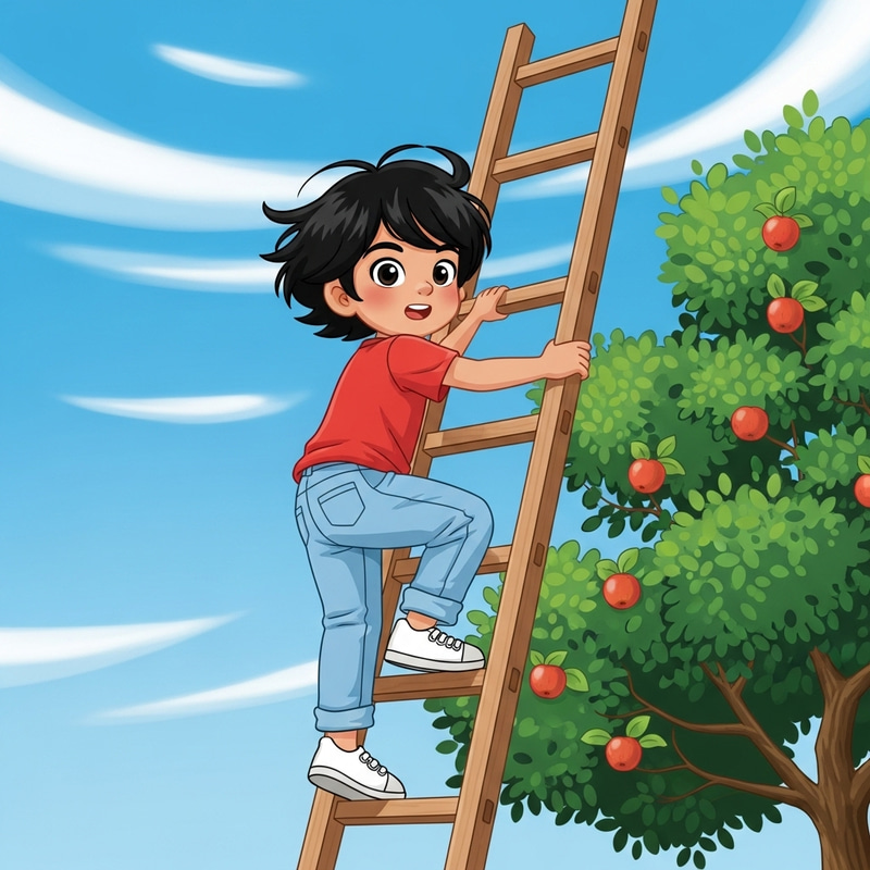 Adventure Awaits: Boy on Ladder Reaching for Apples Adventure Awaits: Boy on Ladder Reaching for Apples