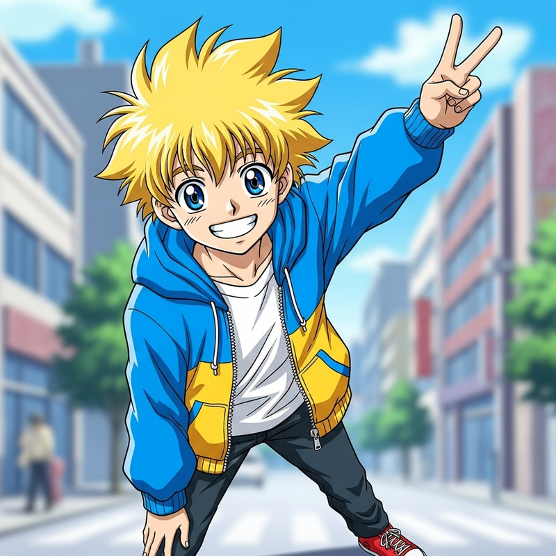 Blonde Anime Teenager Peace Sign Pose | Bright Smile Blonde Anime Teenager Peace Sign Pose | Bright Smile