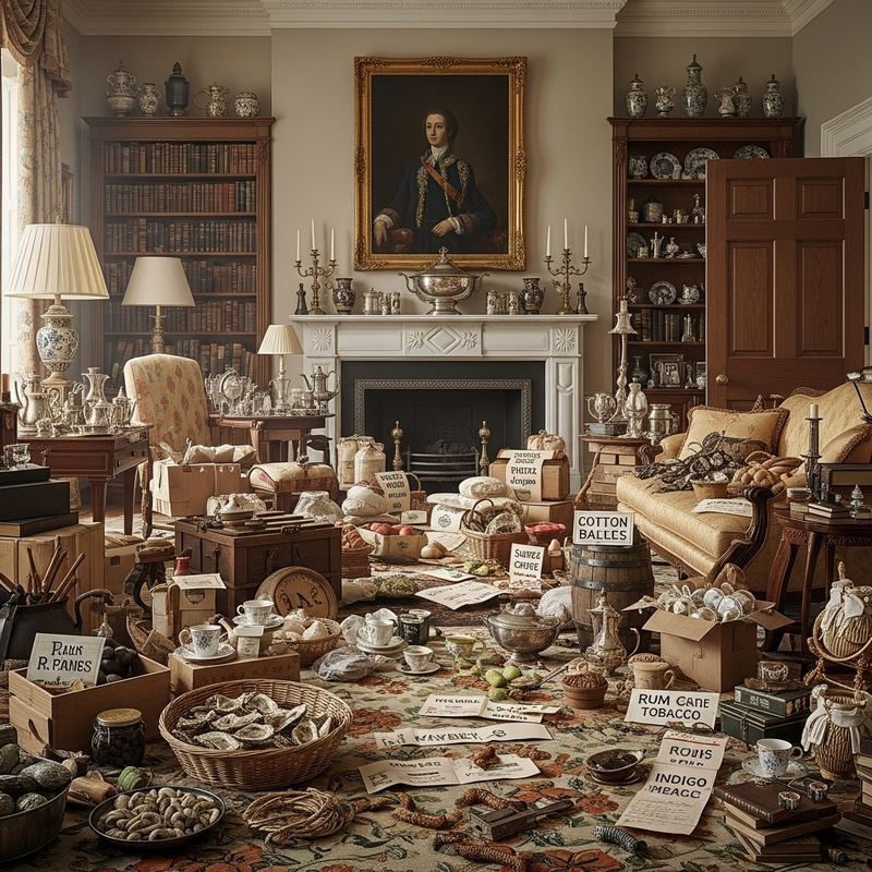 Colonial Goods Bazaar: Room Filled with Diverse Items & Decay