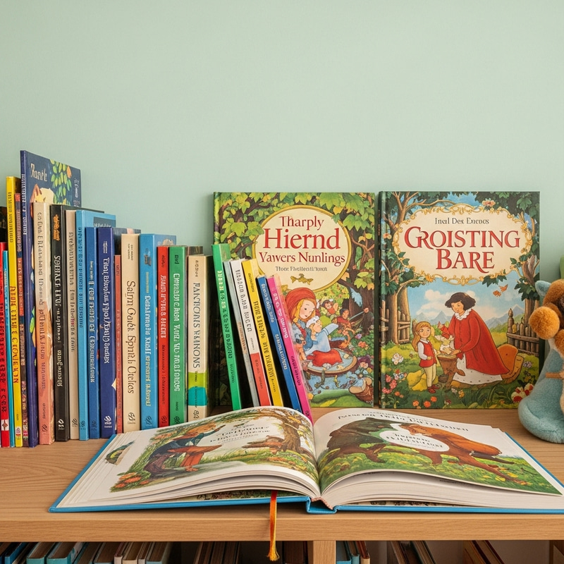 Beautiful Picture Books Displayed on Wooden Shelf