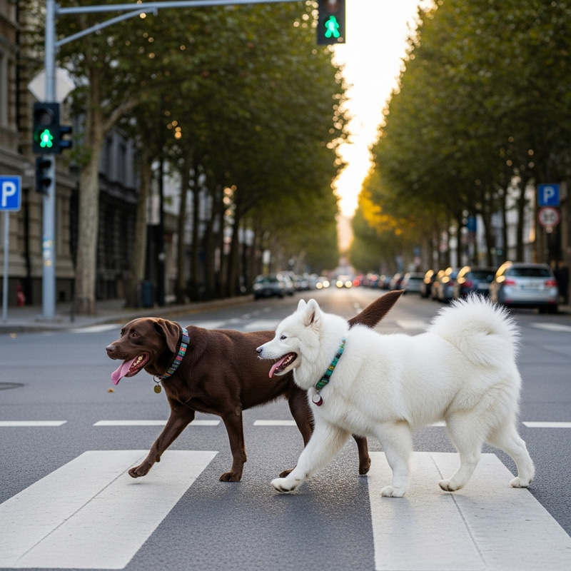 Labrador & Samoyed Crossing Road: Two Dogs Urban Scene Labrador & Samoyed Crossing Road: Two Dogs Urban Scene