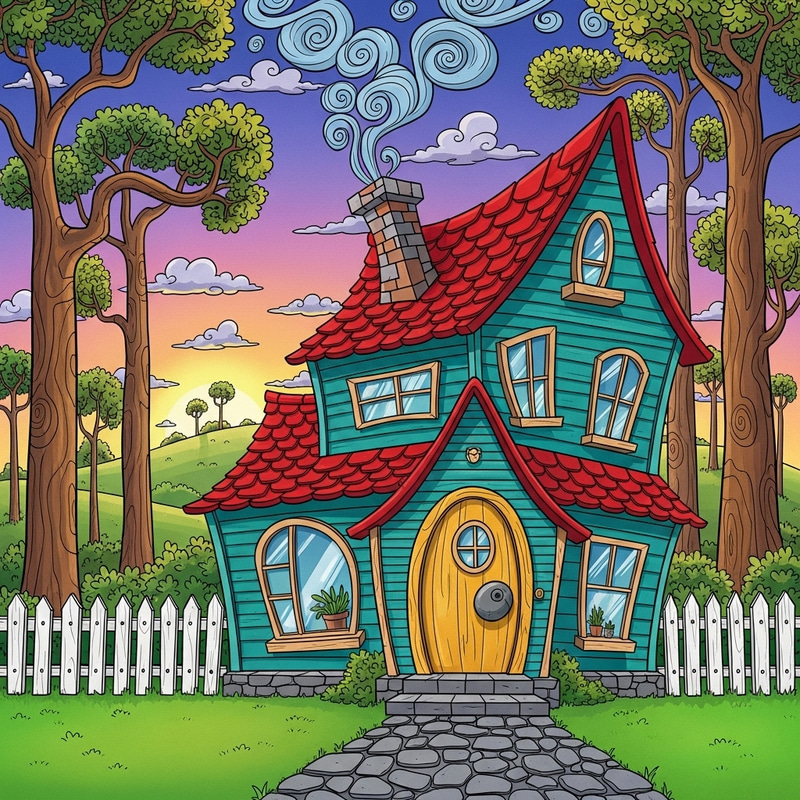 Colorful Cartoon House in Whimsical Background Colorful Cartoon House in Whimsical Background
