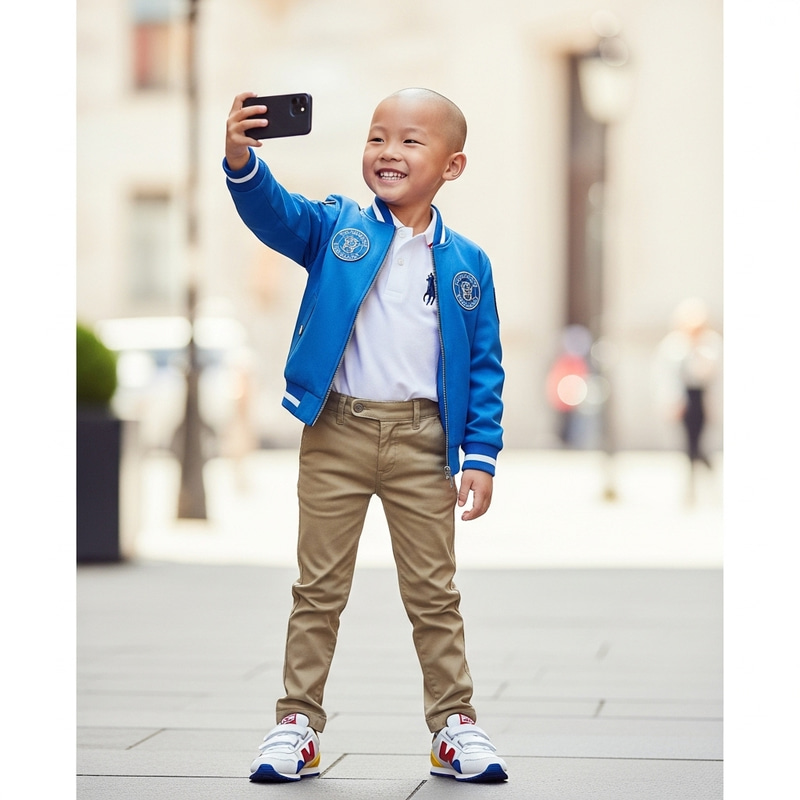 Cute Bald Chinese Boy Self-Filming in Louis Vuitton Outfit