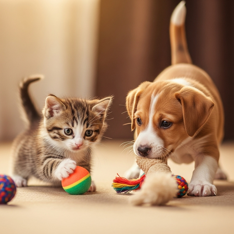 Happy Kitten and Puppy Playing Happily Together Happy Kitten and Puppy Playing Happily Together