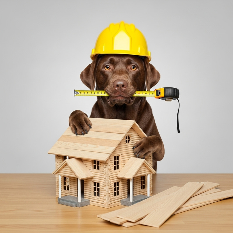 Cute Brown Labrador Building Tiny Wooden House