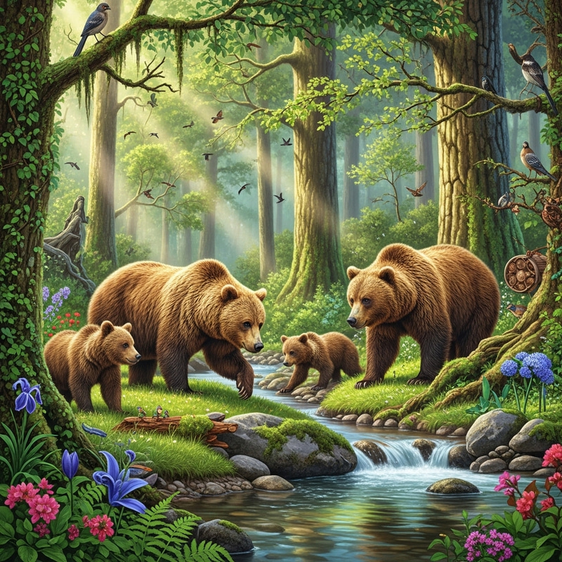Brown Bears Foraging in Lush Forest Brown Bears Foraging in Lush Forest