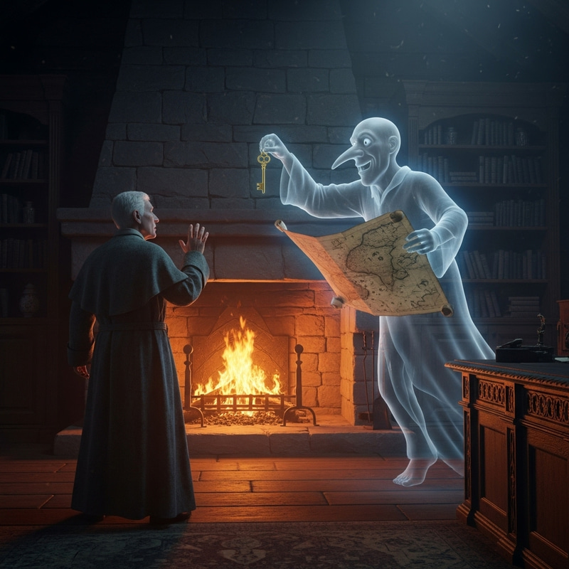 Elderly Man by Fireplace | Spooky Specter with Long Nose, Golden Key & Map Elderly Man by Fireplace | Spooky Specter with Long Nose, Golden Key & Map