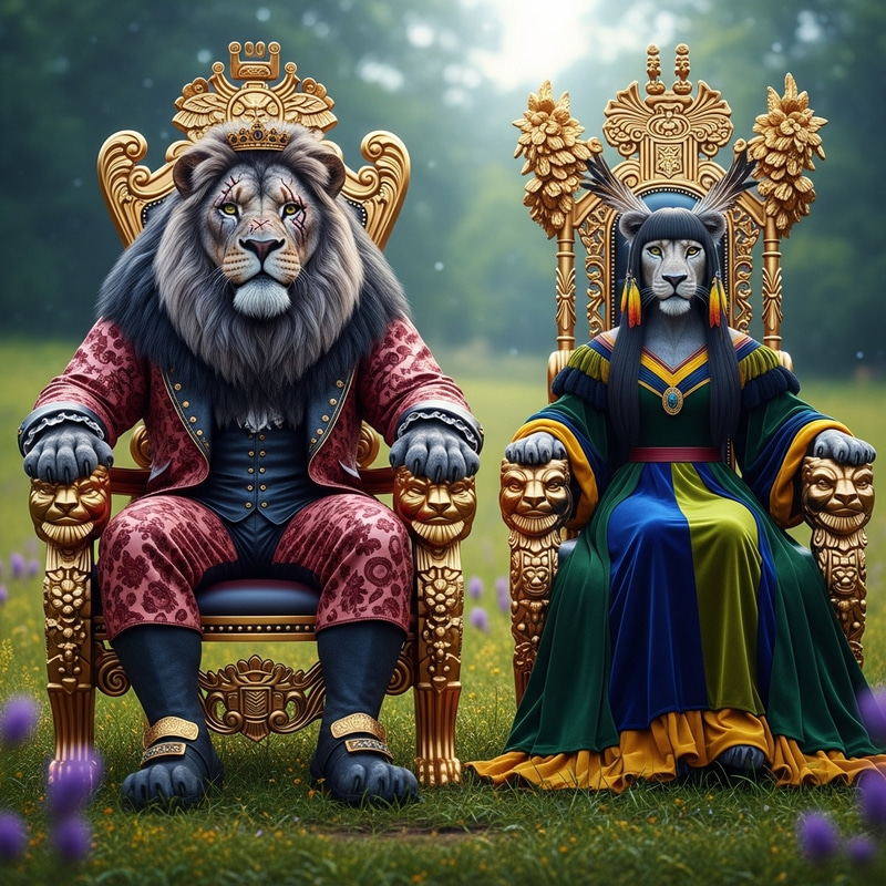 Majestic Male & Female Lion Thrones in Realistic Dark Forrest Scene Majestic Male & Female Lion Thrones in Realistic Dark Forrest Scene