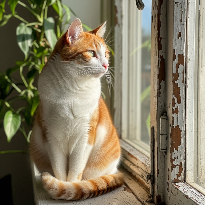 Fluffy White and Orange Cat on Window Sill in Sunny Afternoon Fluffy White and Orange Cat on Window Sill in Sunny Afternoon