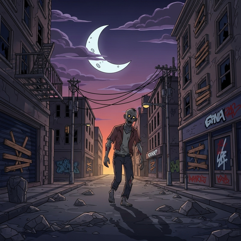 Eerie Zombie Scene on Dilapidated City Street | Haunting Atmosphere Eerie Zombie Scene on Dilapidated City Street | Haunting Atmosphere