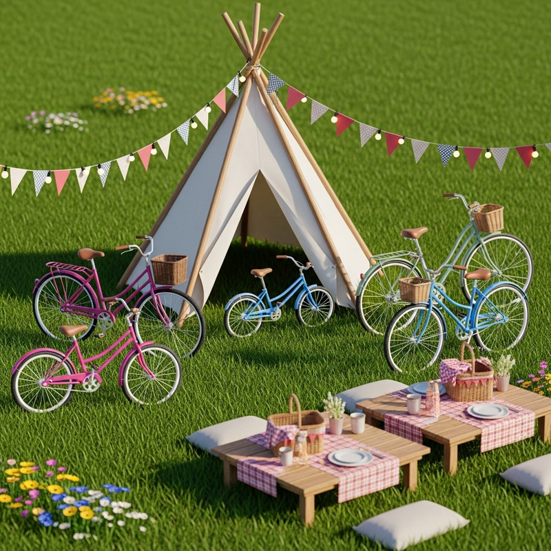 Enchanting 3D Outdoor Scene with Teepee Tent, Bicycles & Decor Enchanting 3D Outdoor Scene with Teepee Tent, Bicycles & Decor