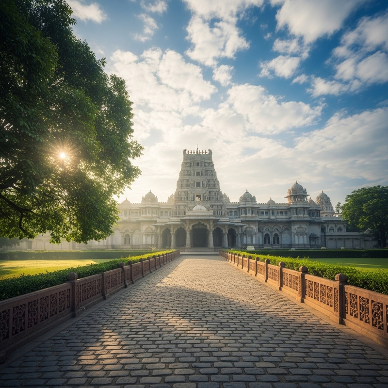 Hindu Palace with Long Path in Serene Setting Hindu Palace with Long Path in Serene Setting