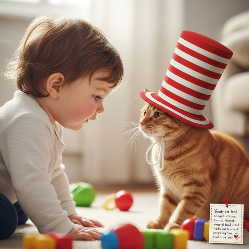 Adorable Baby Boy Playing with Ginger Cat in Striped Hat Adorable Baby Boy Playing with Ginger Cat in Striped Hat