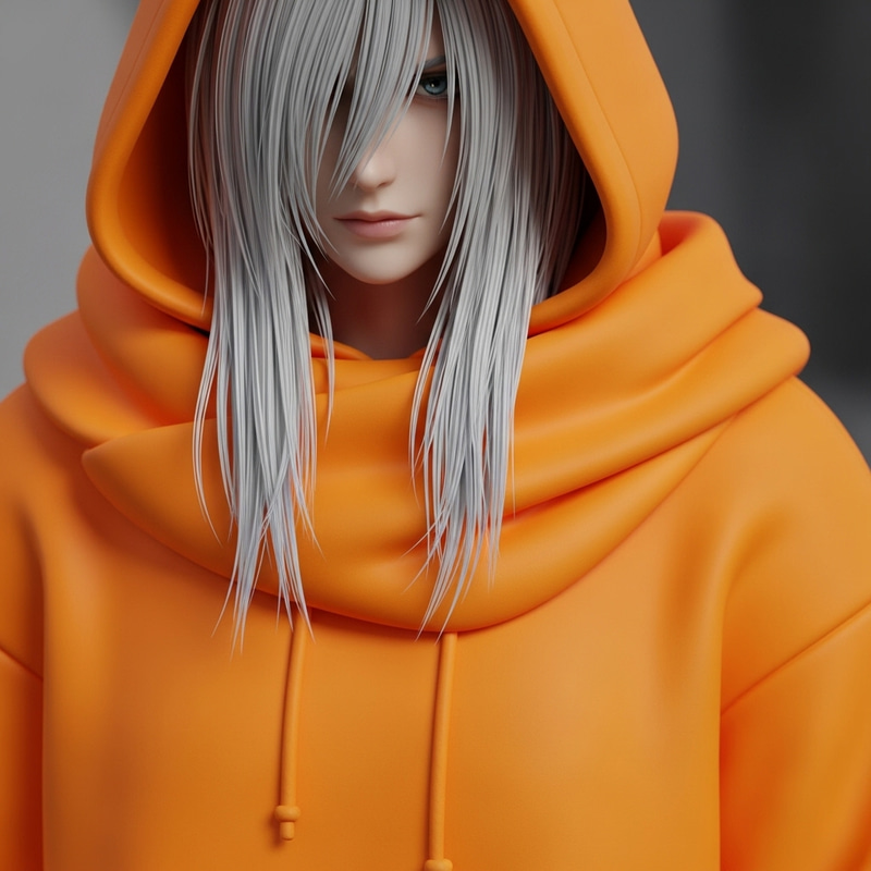 Original Character with Silver Hair in Vibrant Orange Hoodie