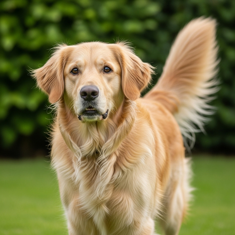 Playful Mature Dog in a Lush Garden Playful Mature Dog in a Lush Garden