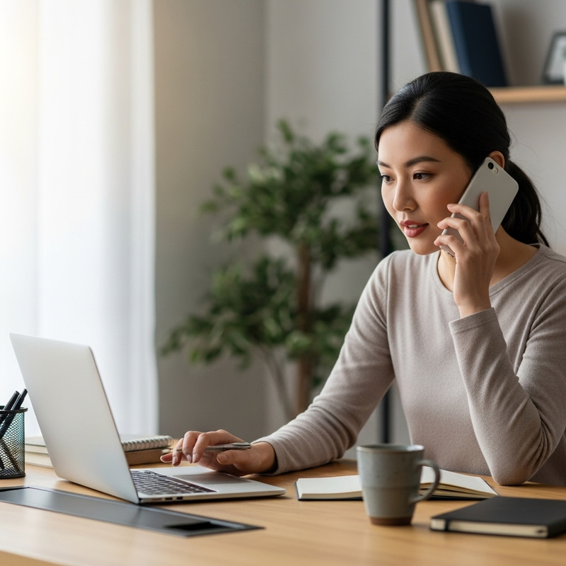 Woman Working on Laptop While Taking a Phone Call Woman Working on Laptop While Taking a Phone Call